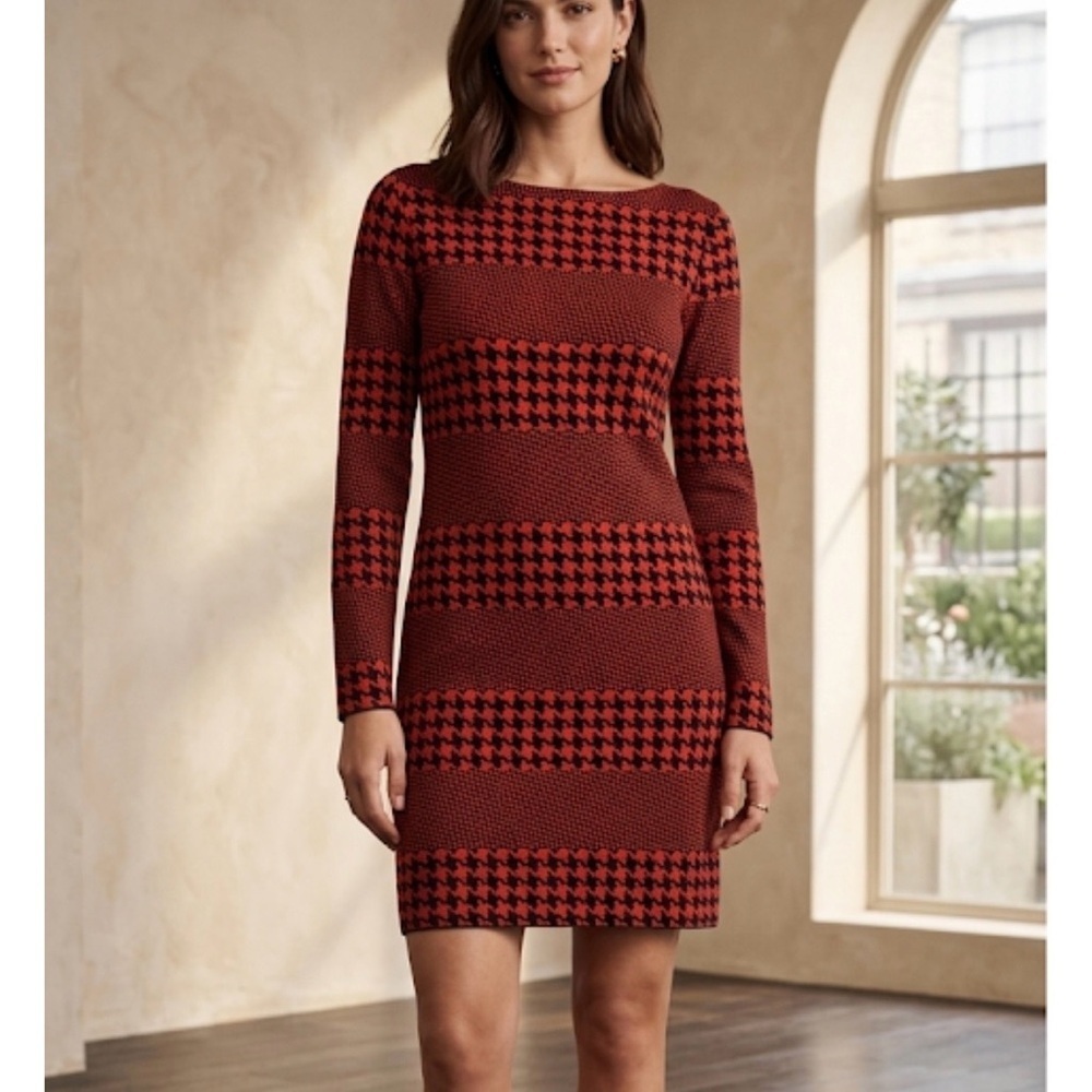 Michael Kors Red Black Geometric Houndstooth Stretch Long Sleeve Sheath Dress S